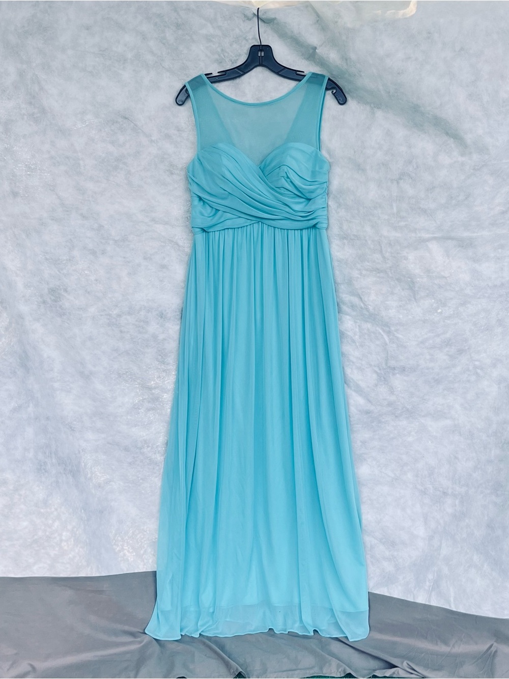 David's Bridal Aqua Chiffon Mesh Yoke Ruched Maxi Dress size 10